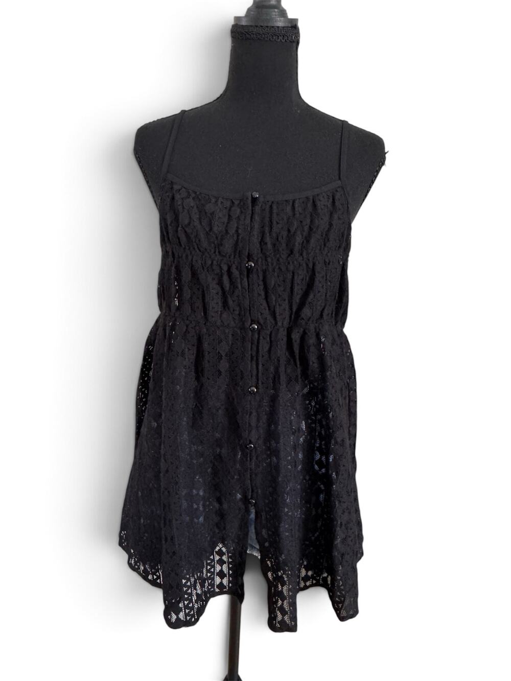 Y2K Boho Black Sheer Lace Button Front Cami Tunic Top - Size M